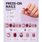 Wine‑Red Plaid Hello Kitty Press‑On Nails,3D Bow Silver Heart Short Rounded‑Square False Nails